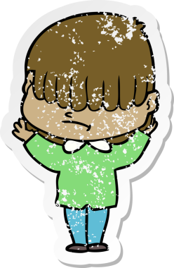 Bir insan tarafından çizilmiş dağınık saçlı bir çizgi film çocuğunun sıkıntılı çıkartması.