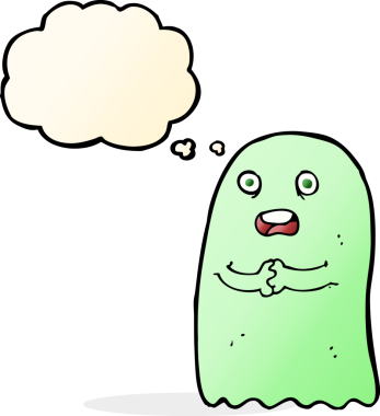 Bir insan tarafından çizilmiş düşünce baloncuklu komik çizgi film hayaleti.