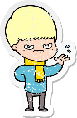 Bir insan tarafından çizilmiş kızgın bir çizgi film çocuğunun sıkıntılı çıkartması.