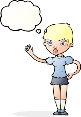 Bir insan tarafından çizilmiş düşünce baloncuğuyla el sallayan çizgi film kadını.