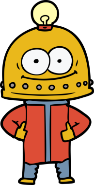 Bir insan tarafından çizilmiş ampullü mutlu karton robot.