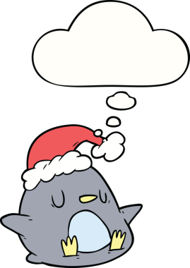 Bir insan tarafından çizilmiş düşünce baloncuklu sevimli penguen.