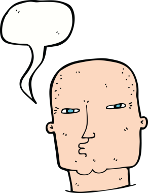 Bir insan tarafından çizilmiş konuşma balonu olan kel, sert adam.