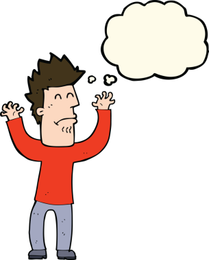 Bir insan tarafından çizilmiş düşünce baloncuğu olan stresli bir adam.