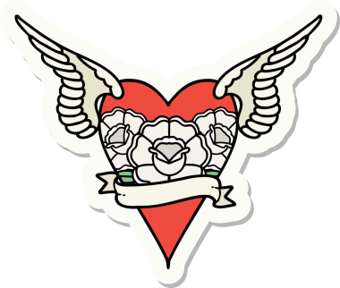 Geleneksel bir dövme stili. Uçan kalp. Çiçekler ve bir insan tarafından çizilmiş bayrak.