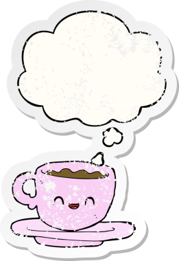 Düşünce baloncuklu çizgi film sıcak kahveyi insan tarafından çizilmiş yıpranmış bir çıkartma gibi düşün.