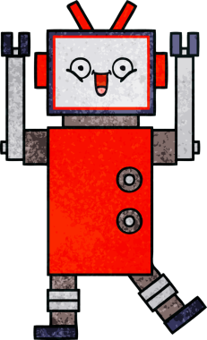 Bir insan tarafından çizilmiş mutlu bir robotun retro grunge dokusu.