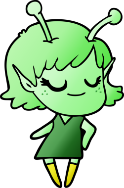 Bir insan tarafından çizilmiş gülümseyen uzaylı kız çizgi filmi.