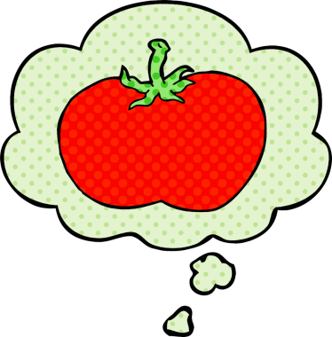 Bir insan tarafından çizilmiş, düşünce baloncuklu çizgi film domatesi.