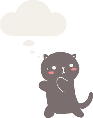 Bir insan tarafından çizilmiş düşünce baloncuğu olan sevimli çizgi film kedisi.