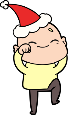 Bir insan tarafından çizilmiş Noel Baba şapkası giymiş kel bir adamın çizdiği mutlu el çizgisi.