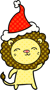 Bir insan tarafından çizilmiş Noel Baba şapkası takan bir aslanın el çizimi çizgi roman tarzı çizimi.