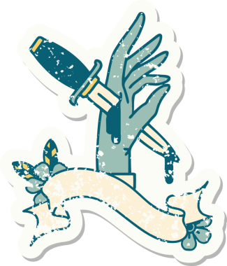 Bir insan tarafından çizilmiş bir hançerin bayrağını taşıyan eski bir etiket.