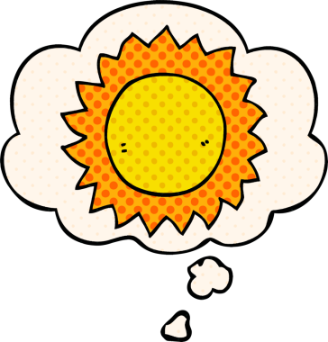 Bir insan tarafından çizilmiş çizgi roman tarzında düşünce baloncuklu çizgi film güneşi.