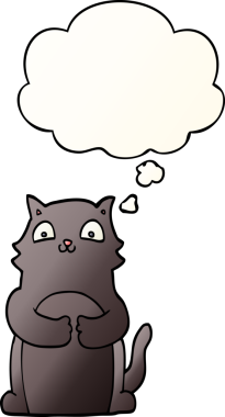 Bir insan tarafından çizilmiş yumuşak eğimli düşünce baloncuklu çizgi film kedisi.