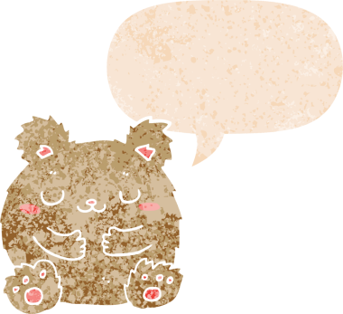 Bir insan tarafından çizilmiş grunge sıkıntılı retro biçimli konuşma baloncuğu ile sevimli çizgi film ayısı