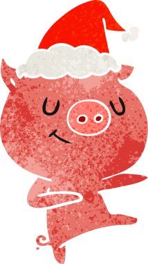 Mutlu el çizimi, insan tarafından çizilmiş Noel Baba şapkası takan bir domuzun eski çizgi filmi.