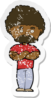 Çizgi filmdeki bir babanın, kollarını bir insan tarafından katlanmış, kederli retro yapıştırması.