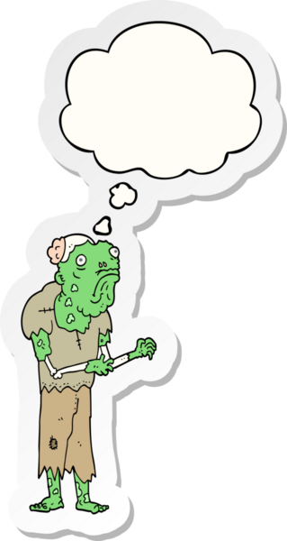 Düşünce baloncuğu insan tarafından çizilmiş bir çıkartma olan çizgi film zombisi.