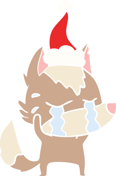 Bir insan tarafından çizilmiş Noel Baba şapkası takan ağlayan bir kurdun düz renkli çizimi.