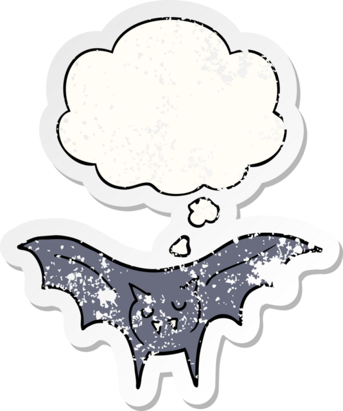 Düşünce baloncuğu olan karikatür vampir yarasası bir insan tarafından çizilmiş yıpranmış bir çıkartma.