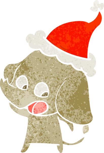 Bir insan tarafından çizilmiş Noel Baba şapkası takan bir fil çizilmiş.