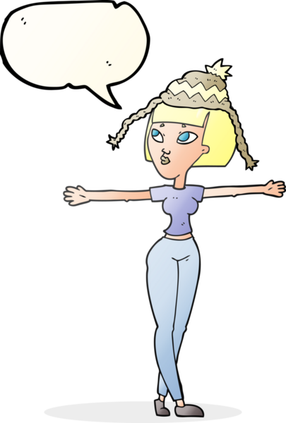 Bir insan tarafından çizilmiş şapkalı serbest konuşma balonu karikatürü kadın.