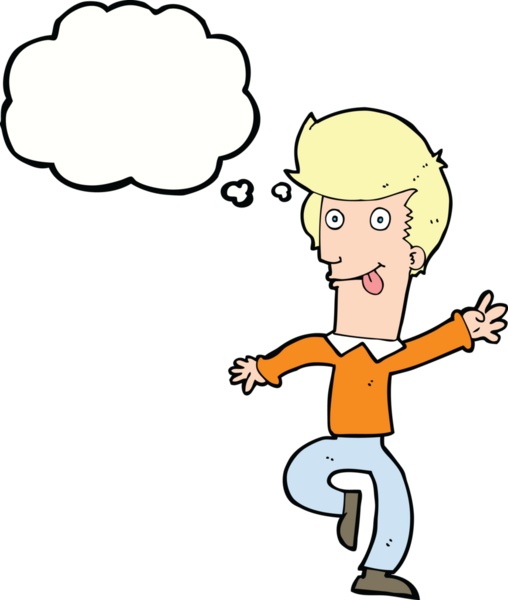 Bir insan tarafından çizilmiş düşünce baloncuğuyla dans eden çizgi film adamı.