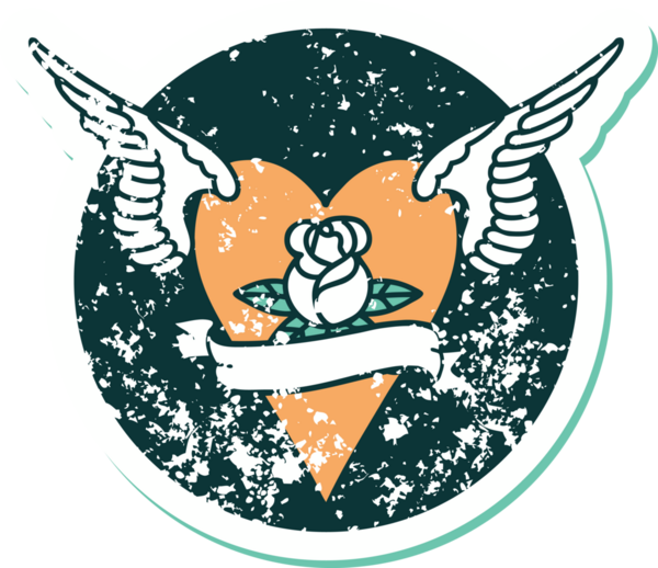 Bir insan tarafından çizilmiş çiçek ve pankartıyla uçan bir kalbin sembolik dövmeli resmi.