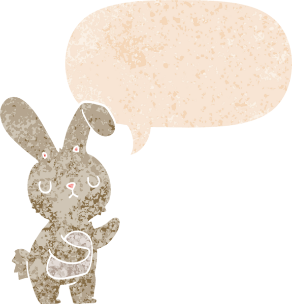 Konuşması kabarcıklı şirin çizgi film tavşanı bir insan tarafından çizilmiş dertli retro tarzı.