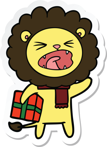 Bir insan tarafından çizilmiş noel hediyeli çizgi film aslanının çıkartması.