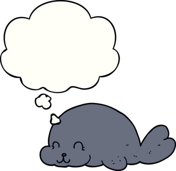 Bir insan tarafından çizilmiş düşünce baloncuklu şirin fok.