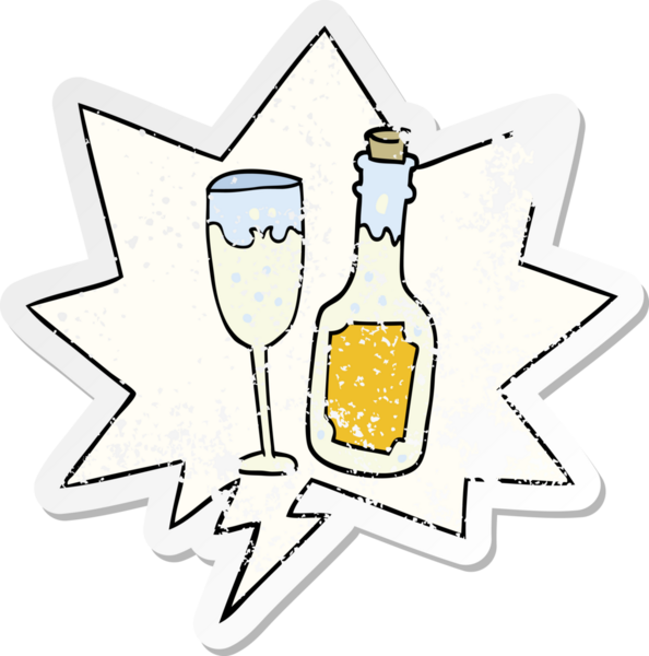Karikatür şampanyası şişesi ve konuşma baloncuklu cam bir insan tarafından çizilmiş sıkıntılı eski bir çıkartma.
