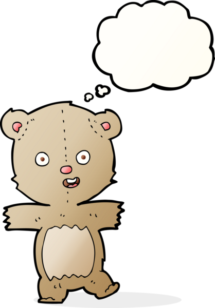 Bir insan tarafından çizilmiş düşünce balonuyla dans eden oyuncak ayı.