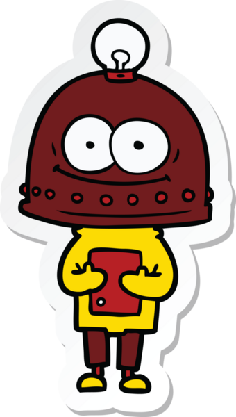 Bir insan tarafından çizilmiş mutlu bir karton robotun çıkartması.