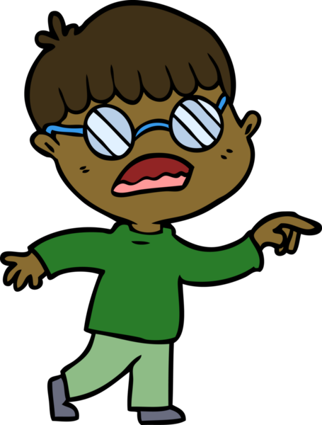 Bir insan tarafından çizilmiş gözlük takan çizgi film çocuğu.