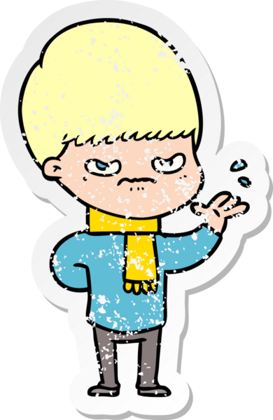 Bir insan tarafından çizilmiş kızgın bir çizgi film çocuğunun sıkıntılı çıkartması.