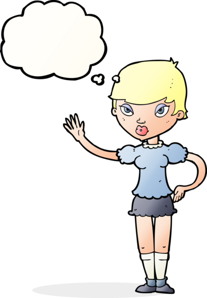 Bir insan tarafından çizilmiş düşünce baloncuğuyla el sallayan çizgi film kadını.