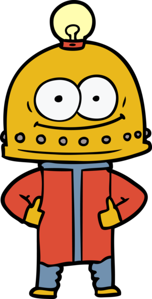 Bir insan tarafından çizilmiş ampullü mutlu karton robot.