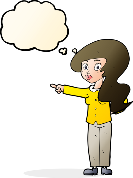 Bir insan tarafından çizilmiş düşünce baloncuğuyla işaret eden güzel bir kadın.