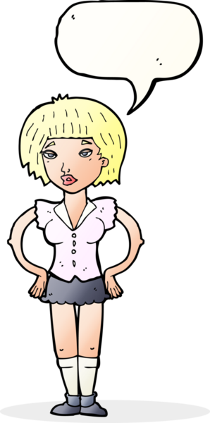 Bir insan tarafından çizilmiş konuşma balonlu elleri olan çizgi film kadını.