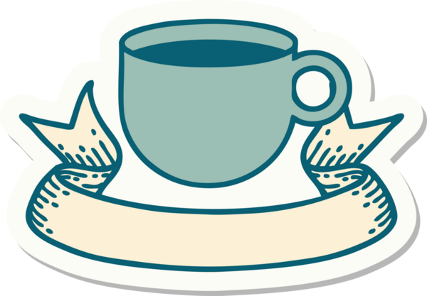 Bir insan tarafından çizilmiş bir fincan kahve sancağıyla dövme stili çıkartması.