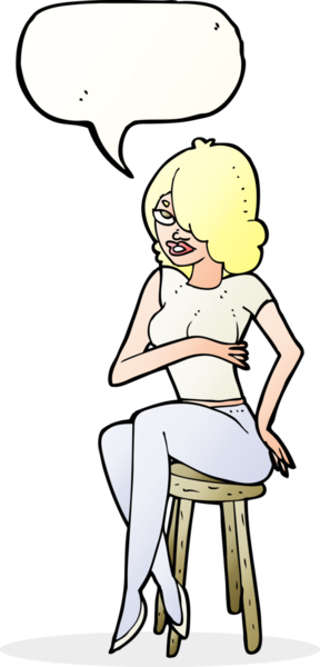 Bir insan tarafından çizilmiş bir konuşma balonuyla bar taburesinde oturan çizgi film kadını.