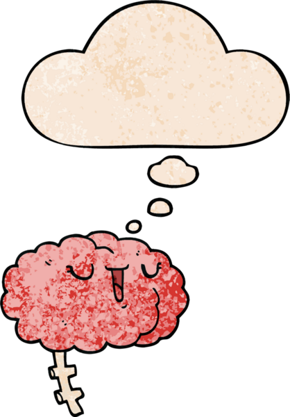 Bir insan tarafından çizilmiş grunge desenli düşünce baloncuklu mutlu çizgi film beyni.