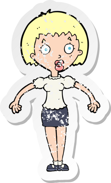 Çizgi filmin gerilmiş çıkartması kafası karışmış bir kadın bir insan tarafından çizilmiş omuzlarını silkiyor.