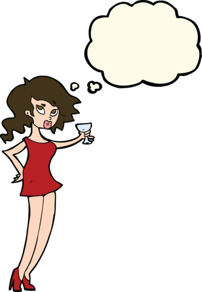 Bir insan tarafından çizilmiş düşünce baloncuğuyla partideki karikatür kadın.