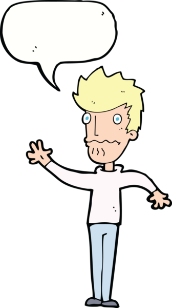 Çizgi filmdeki endişeli adam bir insan tarafından çizilmiş konuşma balonuyla uzanıyor.