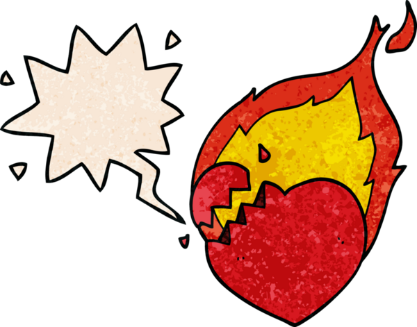 Bir insan tarafından çizilmiş, geçmişe dönük konuşma baloncuklu yanan kalp çizgi filmi.