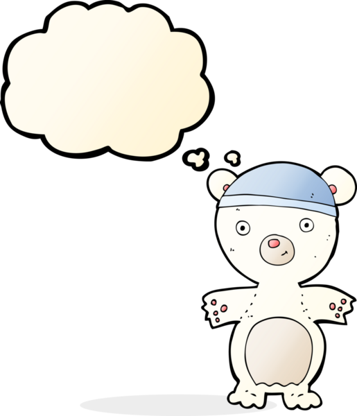 Bir insan tarafından çizilmiş düşünce baloncuklu şirin kutup ayısı.