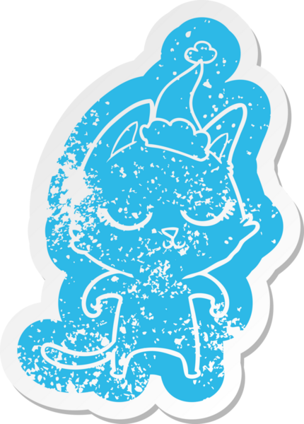 Sakin çizgi film Noel Baba şapkası takan bir kedinin insan tarafından çizilmiş sıkıntılı çıkartması.